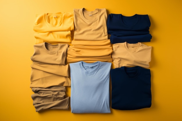 a pile of yellow and blue shirts on an orange background