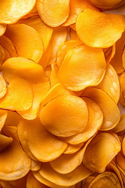 Pile of yellow potato chips on white surface with yellow background generative ai