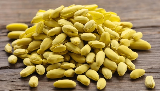 A pile of yellow seeds on a wooden table