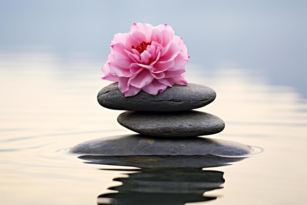 Photo pile of zen stones with pink flower on the water surface