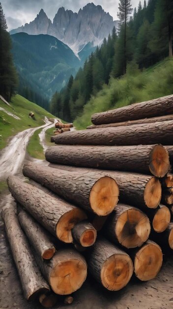 Photo piled wood logs with a muddy road in italian forest in dolomites europe