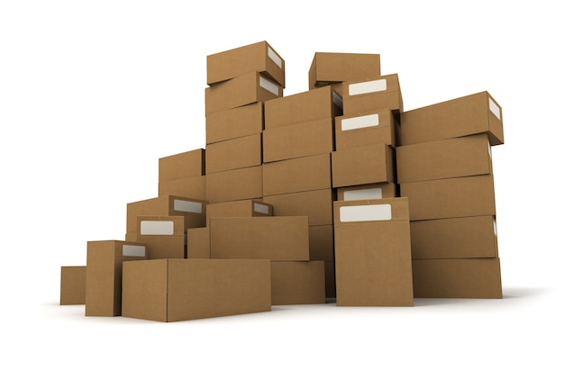 Piles of cardboard boxes on a white surface