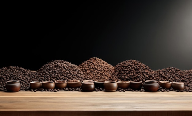 Piles of coffee on wooden table