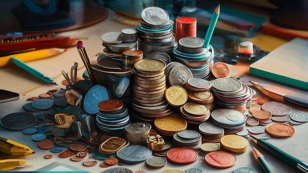 Piles of different coins with stationery elements