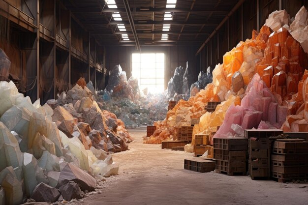 Photo piles of different minerals segregated in a warehouse