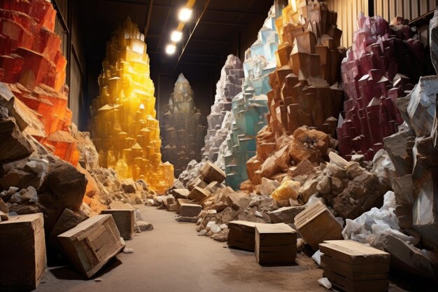 Photo piles of different minerals segregated in a warehouse