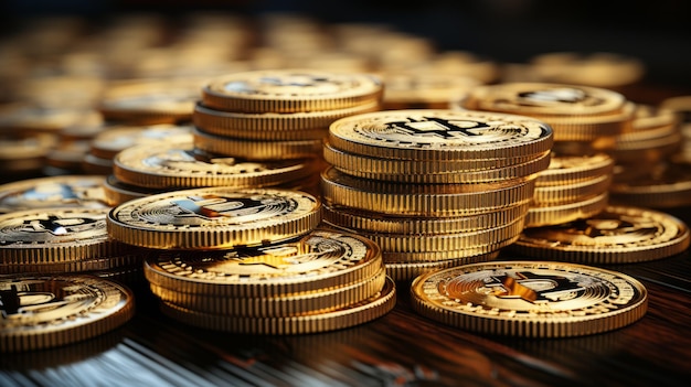 piles of golden bitcoins concept of investing in cryptocurrency