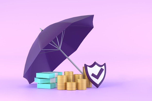 Piles of golden coins banknotes under purple umbrella