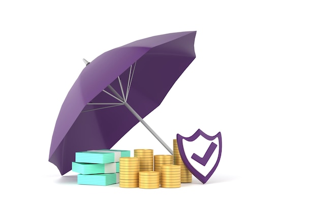 Piles of golden coins banknotes under purple umbrella