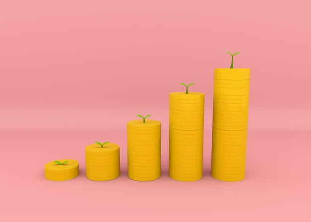 Photo piles of golden coins with plants on top