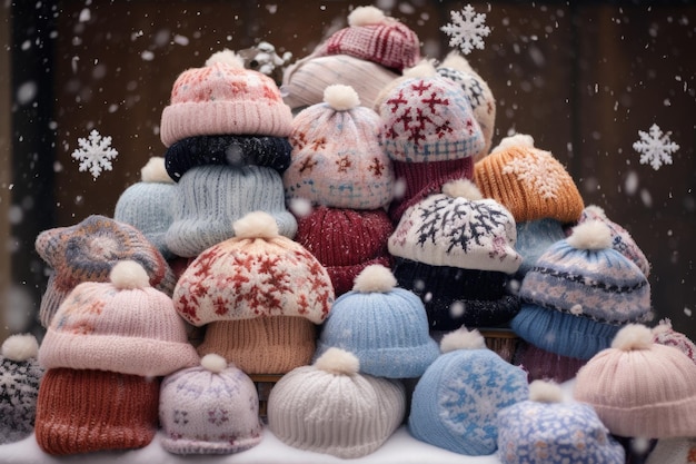 Piles of knitted winter hats under snowflakes decor