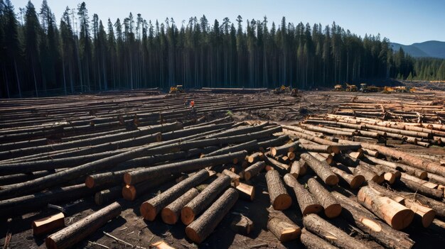 Photo piles of logs amidst forest clearing