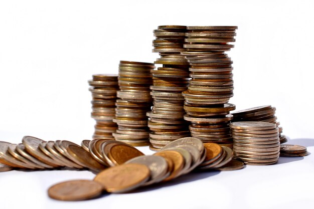 Piles of metal coins made from copper