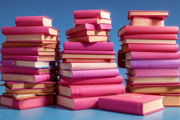 Piles of pink books on blue background