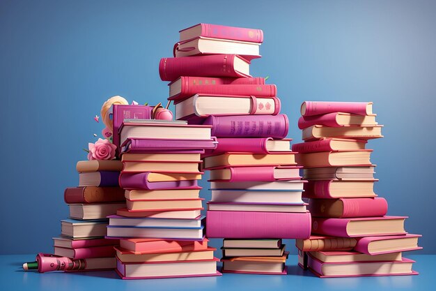 Piles of pink books on blue background