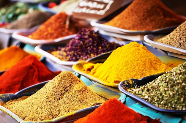 Piles of spices in a traditional market