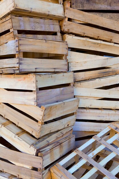 Piles of wooden crates in a market