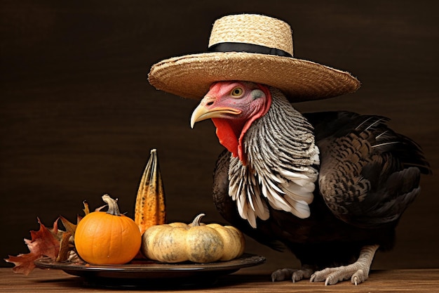 Photo pilgrim turkey thanksgiving bird animal character wearing a pilgrims hat