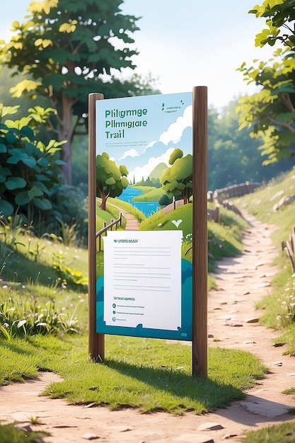 Photo pilgrimage trail walking guide signage mockup with empty blank space for placing your design