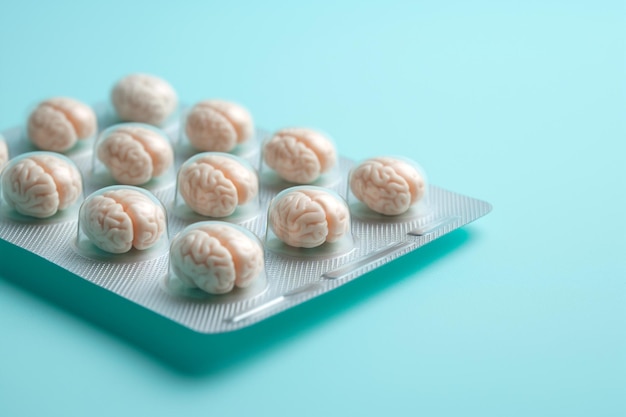 Плитка таблеток с человеческим мозгом Лекарства для здоровья мозга концепция психического здоровья Улучшение функции мозга концентрация памяти Витамины DMAE ноотропное лечение Умные препараты Когнитивные усилители