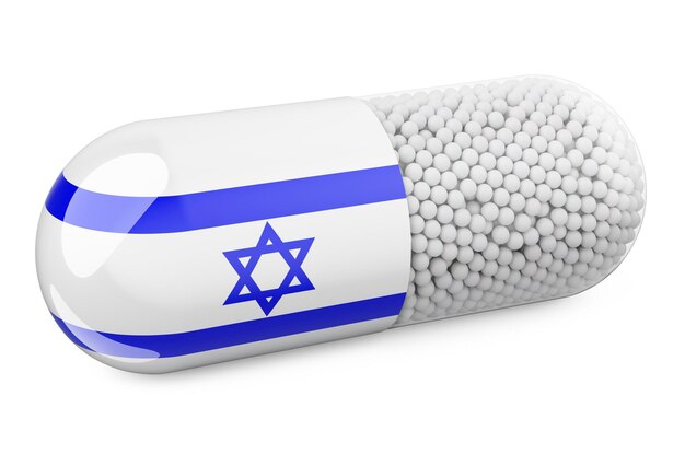 Pill capsule with Israeli flag Healthcare in Israel concept 3D rendering