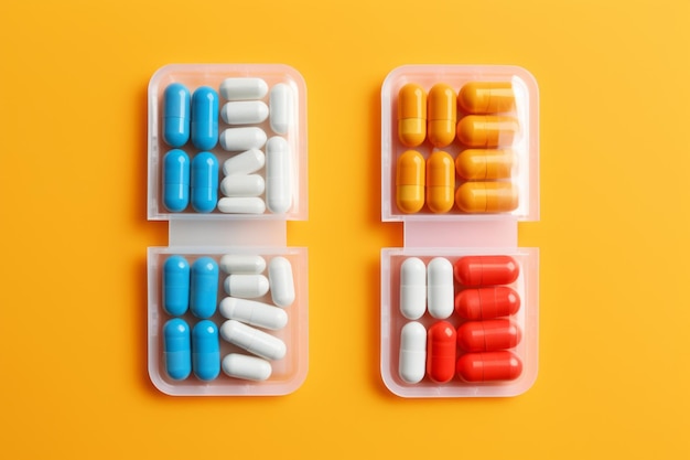 Pill Popping Palette Vibrant Flat Lay Composition with Colorful Blister Packs on a 32 Background (32 배경에 있는 다채로운 블리스터 패키지)