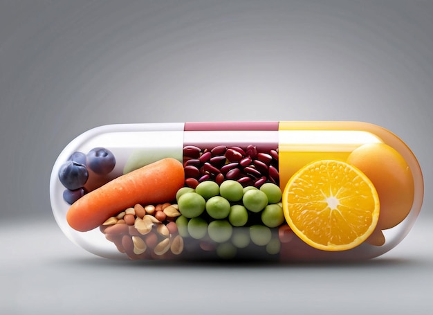 A pill that has fruits and vegetables on it