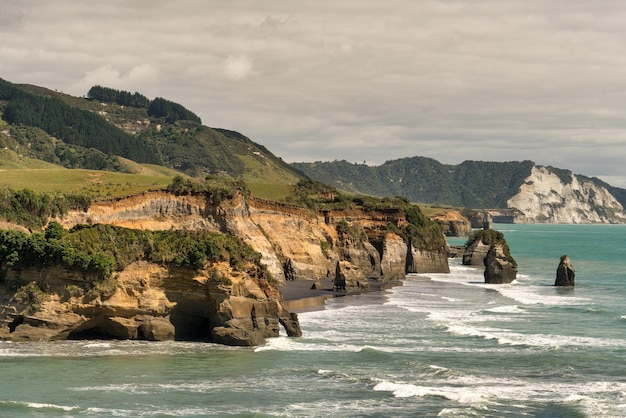 Photo pillars of rock rising from the sea on the taranaki coastline