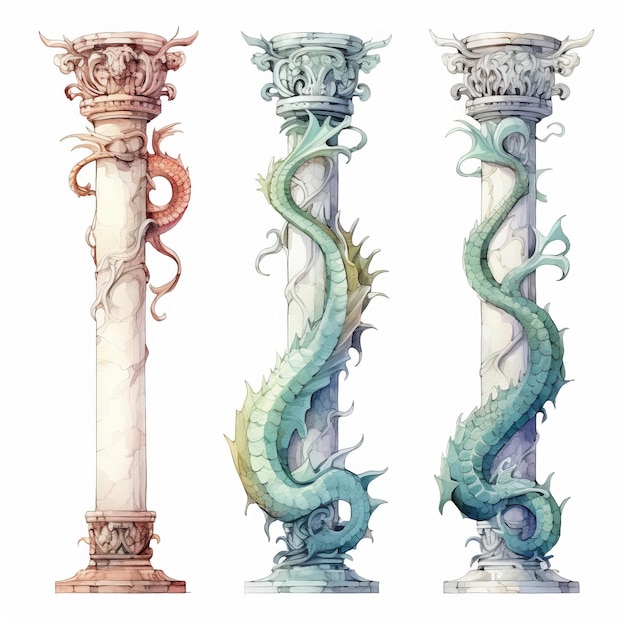 Pillars with different patterns on a white background