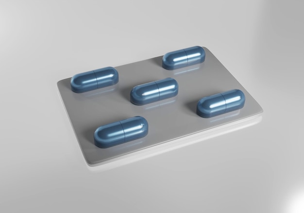 Pillen blisterverpakking geïsoleerd op lichte achtergrond Blauwe antibiotica capsules 3D-rendering