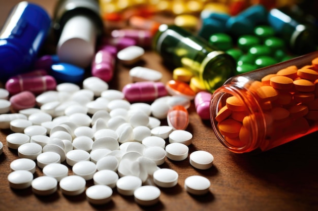 Foto pillen in verschillende kleuren en maten verspreid over een tafel