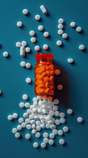 Foto pillen uit de fles op een blauw oppervlak