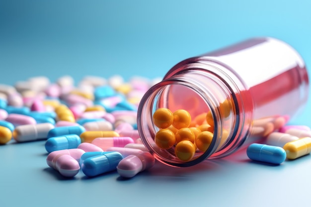 Pillen uit de pilfles op blauwe achtergrond close-up Geneesmiddel voor behandeling geneesmiddel Farmaceutisch geneesmiddel AI gegenereerd