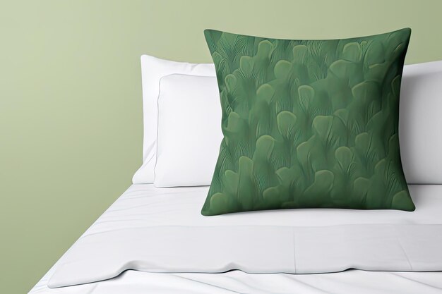 Pillow on bed with green pattern