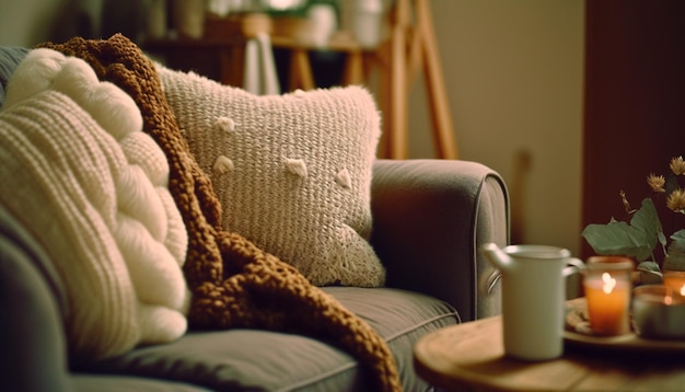 A pillow on a couch with a mug of coffee on the side.