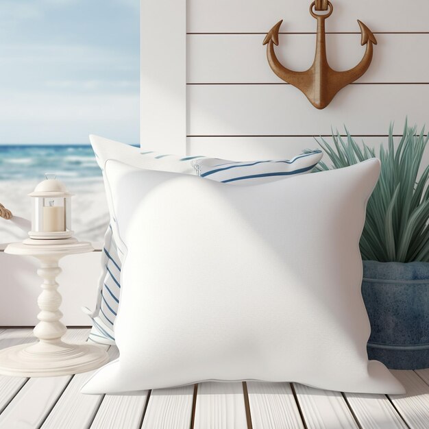 Photo pillow photo mockup with ocean background