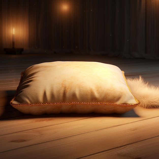 A pillow that is sitting on the floor with a light shadow