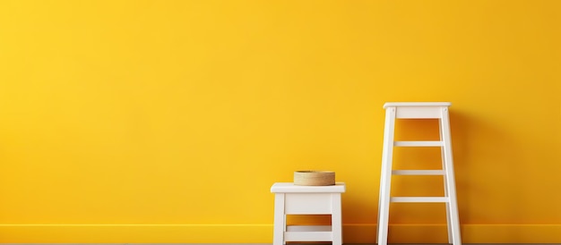 Photo pillow on white step stool next to yellow wall