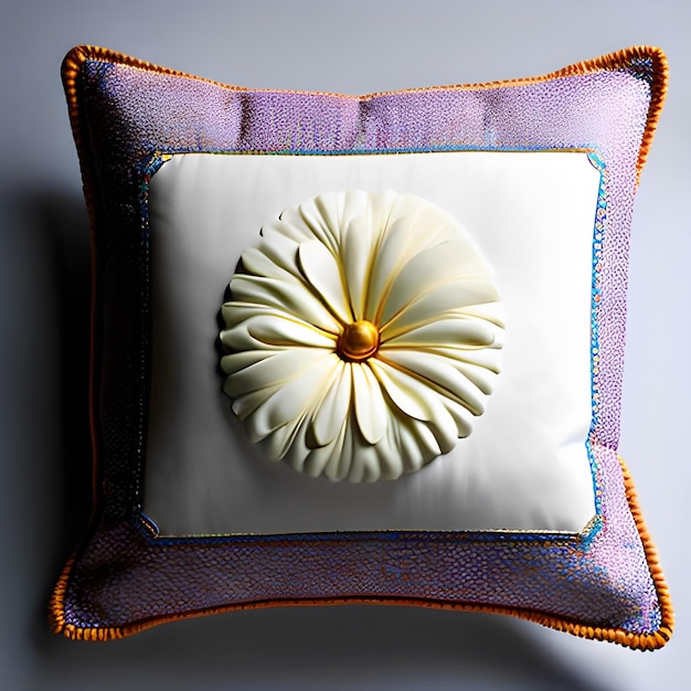 A pillow with a flower on it and a white pillow with blue trim.