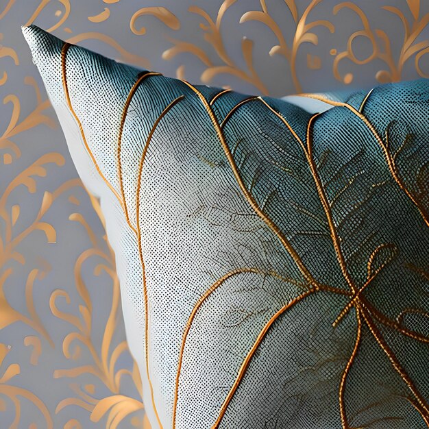 A pillow with a gold leaf pattern on it