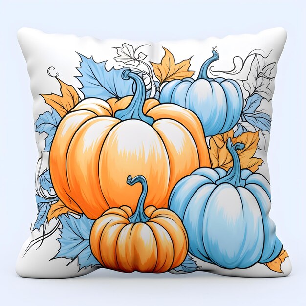 Pillow with orange and blue pumpkins and leaves