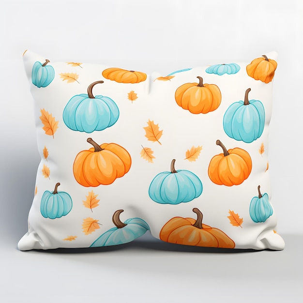 Pillow with orange and blue pumpkins and leaves