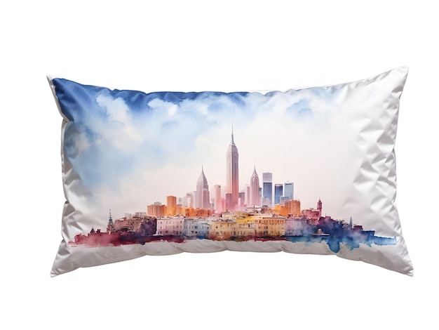 A pillow with a watercolorpainted cityscape design