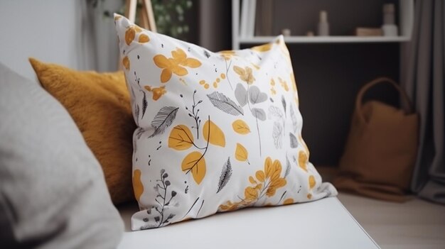 A pillow with yellow and grey leaves on it sits on a couch.