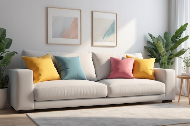 Photo pillows on comfortable sofa in bright living room interior