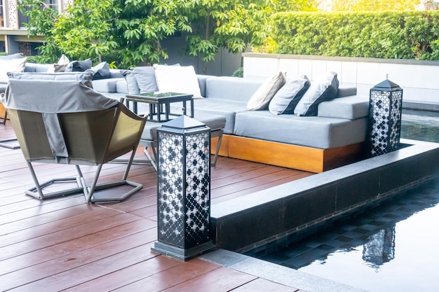 pillows with outdoor patio deck and sofa on balcony in garden