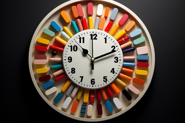 Photo pills arranged in the shape of a clock face to symbolize timely medication