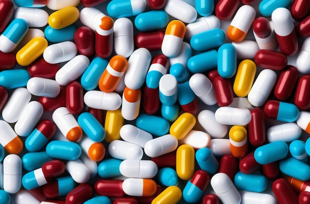 薬剤の背景 多色の薬剤 フルフレーム 様々なカプセル 薬剤化学の概念 豊富な薬剤 抗生物質 薬草薬 化学産業の背景