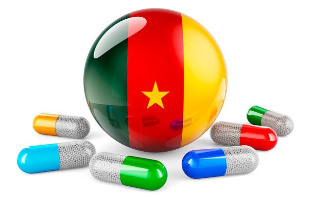 Pills capsule with Cameroonian flag 3D rendering isolated on white background