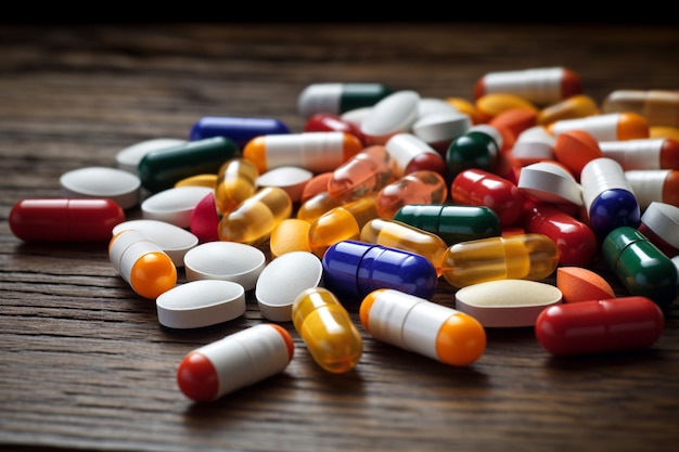 Pills and capsules are on a wooden table